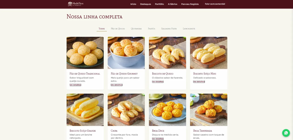 Screenshot do site Madri Pães Alimentos - Presença que gera confiança no mercado